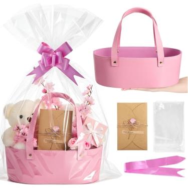 Imagem de Wonderjune Cesta vazia de couro de Natal com sacos de presente, fitas, cartões comemorativos, grande, pequena, vazia, com alça para presente de Ação de Graças, casamento, chá de panela, aniversário