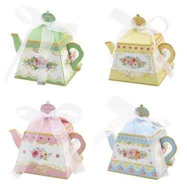 Imagem de 20 caixas de lembrancinhas de festa de chá, bule de chá floral vintage, caixa de presente de guloseimas de flores doces com fita para casamento, chás de panela, decoração de mesa de centro de mesa