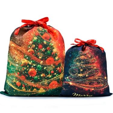 Imagem de Mshutbna Merry Christmas Trees Sacos de presente de Natal 2 peças sacos de embrulho de tecido reutilizável com cordão para presentes de Natal, decorações de festa, lembrancinhas de feriado 16 x 12 30