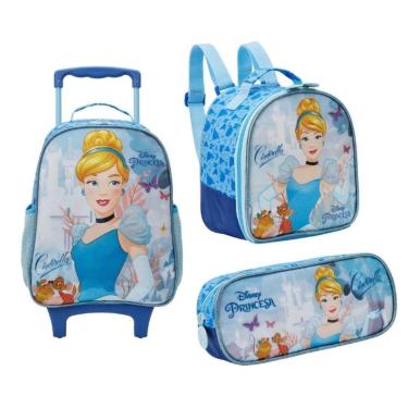 Imagem de Kit Mochila Com Carrinho e Rodinhas + Lancheira + Estojo Cinderela Original Xeryus-Unissex