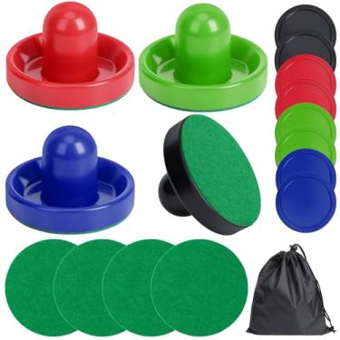 Imagem de Coopay Pás e discos de hóquei de ar, empurradores de hóquei de ar com bolsa de armazenamento de nylon, acessórios de substituição de alças de gol para mesas de jogos (4 empurradores de 96 mm com