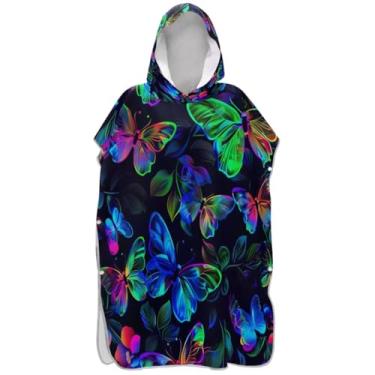 Imagem de Joisal Poncho de surfe trocador de roupão para adultos praia moletom toalha natação plus size neon borboleta preto ponchos femininos com capuz