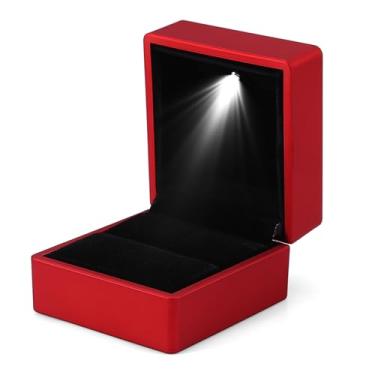 Imagem de Generic Caixa de Armazenamento de Anel Iluminada por LED Expositor de Anel Elegante para Anéis de Noivado e Casamento, Material de, Pelúcia Preta, Acabamento Fino, Armazenamento de Joias (Vermelho)