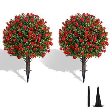 Imagem de sykart Pacote com 2 árvores de topiaria artificial com espigão, arbustos artificiais resistentes a UV, arbustos falsos, plantas falsas, árvore perene para decoração de varanda externa (rosa vermelha)