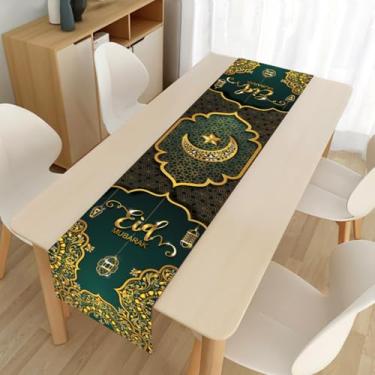 Imagem de Caminho de mesa Eid Mubarak, decorações de Ramadan Kareem em ouro verde com padrão de lua estrela central, corredores de mesa de jantar de cozinha para decoração de feliz feriado islâmico e