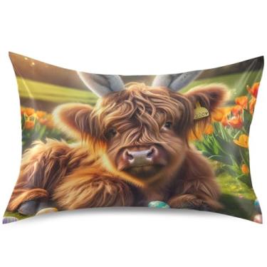 Imagem de Capa de almofada fofa de cetim com estampa fofa de coelhinho de vaca da Páscoa, capas de travesseiro padrão King Queen, tamanho padrão, 66 x 50 cm