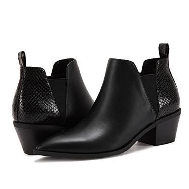 Imagem de Minshluu Botas femininas de cano curto, bico fino, salto grosso, sem cadarço, botas de salto baixo, Poliuretano preto, 8.5