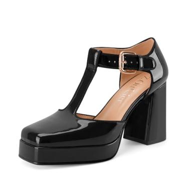 Imagem de Sapato feminino com salto plataforma com tira em T, salto alto, bico quadrado, fechado, tira no tornozelo, vestido Mary Jane, confortável, de couro envernizado, Preto, 36