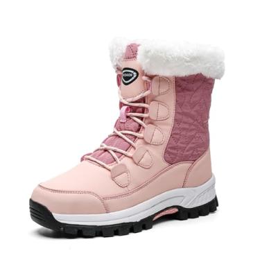 Imagem de EGGDK Botas de neve femininas de inverno com plataforma de couro sintético com cadarço na moda bico redondo forrado com pele sola exterior impermeável antiderrapante cano médio botas quentes, rosa, 38