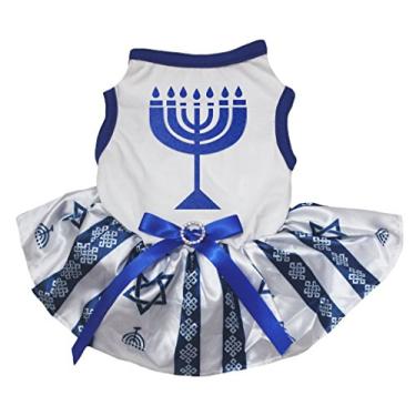 Imagem de Petitebella Roupa para cachorro vestido Hanukkah branco top tutu azul royal (Médio, Candlestrick)