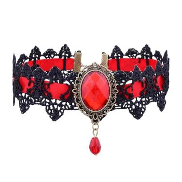 Imagem de BOOZIQ Gargantilha de renda preta gótica de Halloween para mulheres, gótico, preto, vermelho, cristal, gargantilha, acessórios de vampiro, acessórios de emoção, bruxa, Victoria, vampiro, veludo, colar