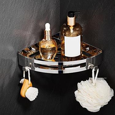 Imagem de Prateleiras de chuveiro de aço inoxidável 304 Prateleira de canto de banheiro com ganchos, suporte de chuveiro de canto, suporte de chuveiro