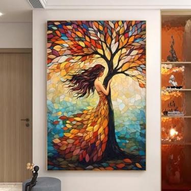Imagem de Árvore da Vida Arte de Parede Tela Colorida Árvores Imagem Abstrata Mulher Retrato Arte de Parede Pinturas Abstratas de Árvores Impressão Abstrata Folha Linda Mulher Linda Tela Colorida Moderno Poster
