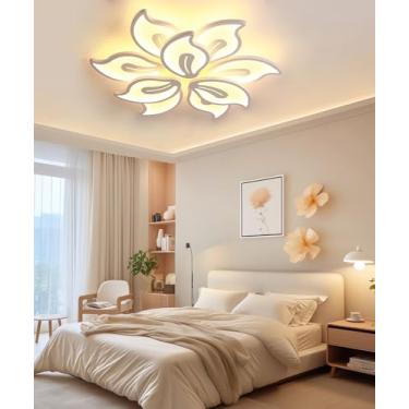 Imagem de Luminária de teto LED moderna, dimerizável com controle remoto, design criativo em formato de pétalas, iluminação interna em acrílico para sala de estar, quarto, sala de jantar e escritório