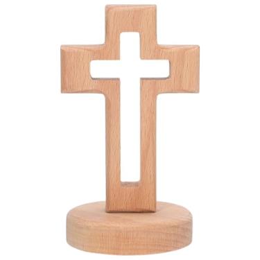 Imagem de WADORN Estátua de cruz de madeira com suporte, santo cristão espiritual com cruz trabalhada em madeira vazada para decoração de mesa de sala de casa de igreja para comunhão, Natal, casamento, presente