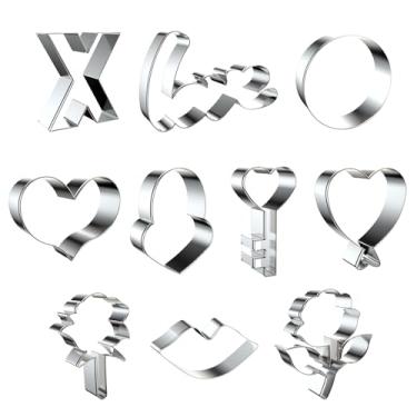 Imagem de Conjunto de cortadores de biscoito para Dia dos Namorados – 10 peças – Palavra de amor, fechadura, chave, balão, rosa, lábios, coração, formas de biscoito X e O, moldes de argila para aniversário dos