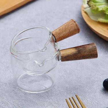 Imagem de Copo Medidor de Vidro com Cabo Madeira Bico Único Café Shot Resistente à Calor para Leite Creme Graduação Multifuncional Preparo Uso em Casa Cafeteria