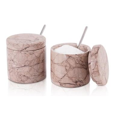 Imagem de SPESHSTONES Saleiro de mármore com tampa, suporte de sal artesanal Marinara de 7 cm com tampa para temperar sal - açucareiro e recipientes de sal para bancada, pote de especiarias de mármore e