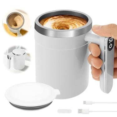 Imagem de Tcwhniev Caneca de café com agitação automática com visor de temperatura, caneca de café magnética, copo térmico de aço inoxidável 400 ml com alça tipo C Carga automisturável para viagem (branca)