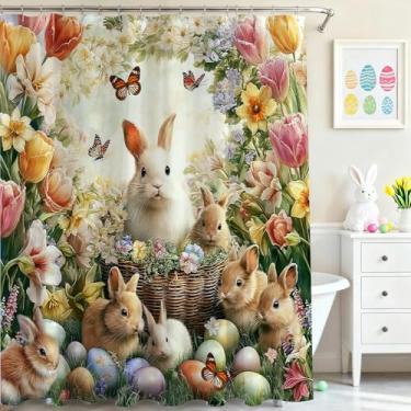 Imagem de Mocsicka Cortina de chuveiro coelhinho da páscoa primavera floral ovos de páscoa coelho fofo cortina de chuveiro de tecido impermeável primavera férias cortinas de chuveiro decoração de banheira com