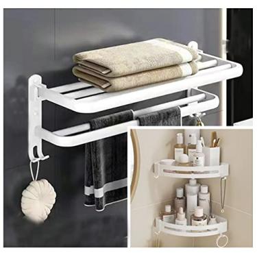 Imagem de 3FLQOOPP Toalheiro de banheiro, suporte de toalha duplo dobrável com barra de toalha e ganchos para banheiro/cozinha, suporte de parede de alumínio para espaço espesso (branco 60 cm)