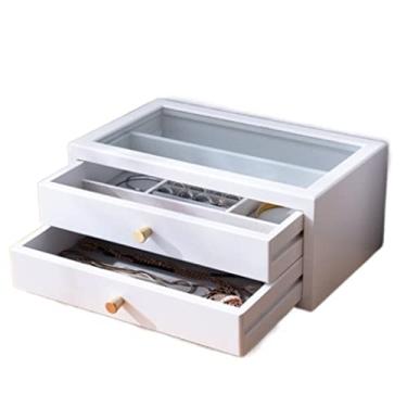 Imagem de Caixa de joias, caixa de joias de madeira com camada dupla, organizador de anéis e brincos, caixa de armazenamento de joias, organizador de joias