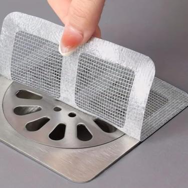 Imagem de Kit 10 Filtros Adesivos Descartáveis para Ralo, 10x10cm, Resistente à Umidade, Proteção Contra Entupimento Pias, Banheiros e Lavanderia. Anti Insetos e Baratas, Coletor de Cabelos e Resíduos.