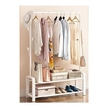 Imagem de Arara de roupas, suporte de roupas independente com haste superior com prateleira de armazenamento inferior de 2 camadas e 7 ganchos laterais, suporte multifuncional para roupas de quarto (cor: branco