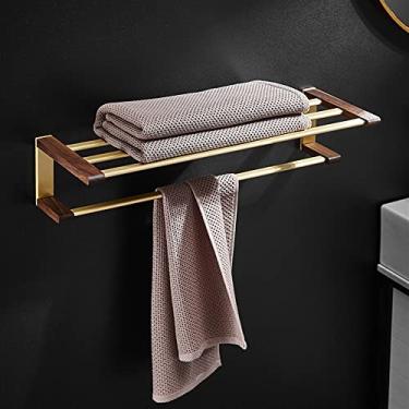 Imagem de Toalheiro/barra de latão e madeira, prateleira de banho, suporte de toalha, prateleira de toalha dourada escovada montada na parede