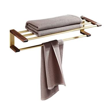 Imagem de 3FLQOOPP Toalheiro para toalheiro para banheiro, toalheiro de madeira de nogueira, banheiro, toalheiro duplo, prateleira de barra, suporte de toalha montado na parede, espaço de alumínio, toalheiro de
