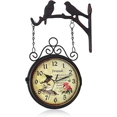 Imagem de Relógio de parede artístico relógio de estação dupla face relógio de estação nostalgia relógio com mostrador duplo relógio externo jardim ferro forjado rotação de 360° relógio de parede relógios de