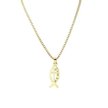 Imagem de WETMT Colar feminino de peixe dourado com pingente cristão Ichthus de prata, colar exclusivo com cruz de Jesus, símbolo religioso, acessórios de joias cristãs, Large, Liga de aço, Sem Pedra Preciosa