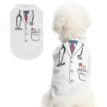 Imagem de BINGPET Camiseta de cachorro, linda estampa de fantasia de médico, camisetas elásticas para cães, leve e sem mangas, moletom macio e respirável, roupas de cachorro para cães pequenos e médios (branca,