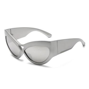 Imagem de HPIRME Óculos de sol femininos estilo olho de gato com armação grande e hastes largas, lentes coloridas (prateadas)