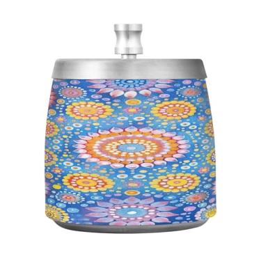 Imagem de STAYTOP Cinzeiro mandala colorido com tampa, aço inoxidável à prova de vento, sem fumaça, cinzeiro de cigarro grande para decoração de escritório em casa