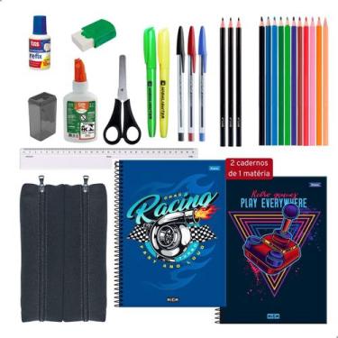 Imagem de Kit Material Escolar 2 Cadernos 1 Matéria Estojo Duplo + Itens Masculi
