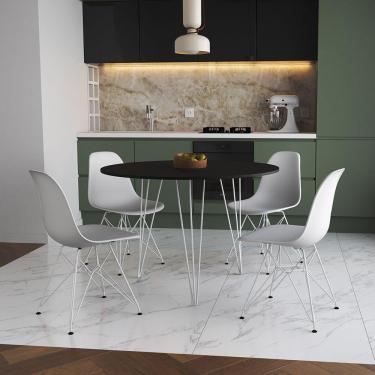 Imagem de Mesa De Jantar Redonda 90Cm Preta Clips 3 Pés Com 4 Cadeiras Brancas Ferro Branco Cor: Preto