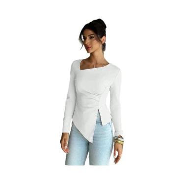 Imagem de Camiseta Feminina Elegante De Manga Longa, Cor Sólida, Estilo De Rua P