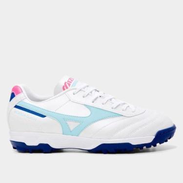 Imagem de Chuteira Society Mizuno Morelia Classic Unissex, Branco, Azul claro, 4