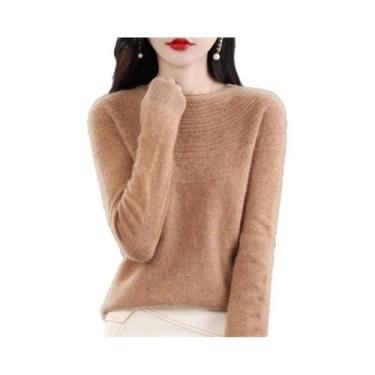 Imagem de Suéter Feminino De Lã Merino 100% Tricotado Com Gola Redonda E Detalhe