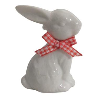Imagem de Coelho Porcelana 5,5x6x8cm com Laço Cor do Laço:Vermelho - MULTIART