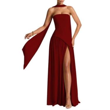 Imagem de Vestido de dama de honra PUXIU, cachecol, decote, cetim, claro, bordô,