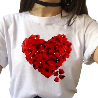 Imagem de Camiseta feminina Branca coraçao de flores vermelho