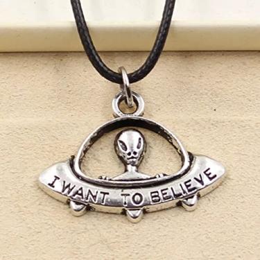 Imagem de EDCRFV Pingente Eu Quero Acreditar Colar UFO Amuleto Cordão de Couro Preto Feito à Mão