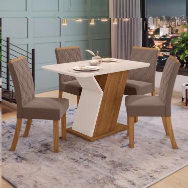 Imagem de Conjunto Sala de Jantar Tampo MDF com Vidro Canto Arredondado 120 Cm 04 Cadeiras Lupita Casa 812 - Nature com Off White e Marrom Amêndoa