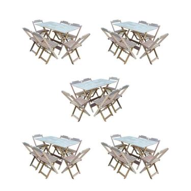Imagem de Kit 5 Conjuntos De Mesa Dobravel Com 6 Cadeiras De Madeira 120X70 Para Restaurante E Bar- Sem Pintur