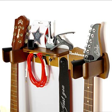 Imagem de Suporte de parede para guitarra, suporte de parede para guitarra com suporte para palheta e prateleira de areia, cabide de guitarra de madeira maciça com gancho ajustável para acústico, ukulele, elétrico, baixo, violino, bandolim, banjo