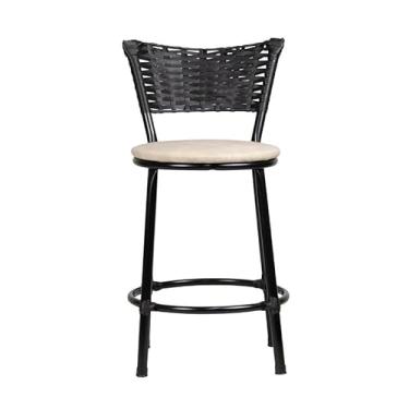 Imagem de Banqueta Baixa Moderna Multiuso Sua Casa Top Cozinha Americana Aço Balcão Area Gourmet Banco Encosto Juncado Estrutura Branca (Junco Preto, Bege)