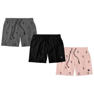 Imagem de Kit 3 Bermudas Life Lisa Short Liso Masculino Básico Mauricinho Tactel - Chumbo, Preto, Rosa Estampa-Unissex