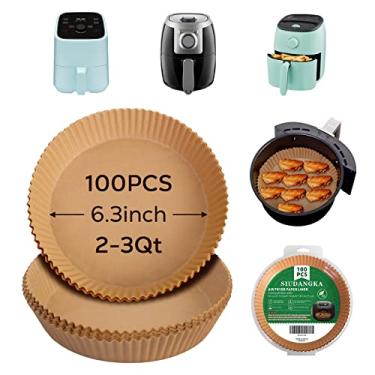 Imagem de Mini forros de fritadeira a ar para fritadeira a ar de 2 qt, 100 peças de almofadas de papel de pergaminho antiaderentes para fritadeira a ar compatíveis com Ninja AF080 Mini, vórtice instantâneo de 2 litros, CHEFMAN pequeno.